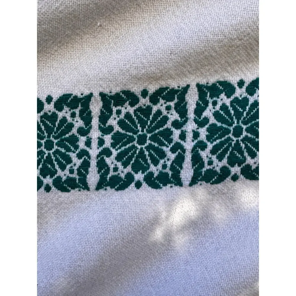 Vtg Teal White Woven Cotton Table Cloth 50X60 Geometric Stripe Mid Century Folk